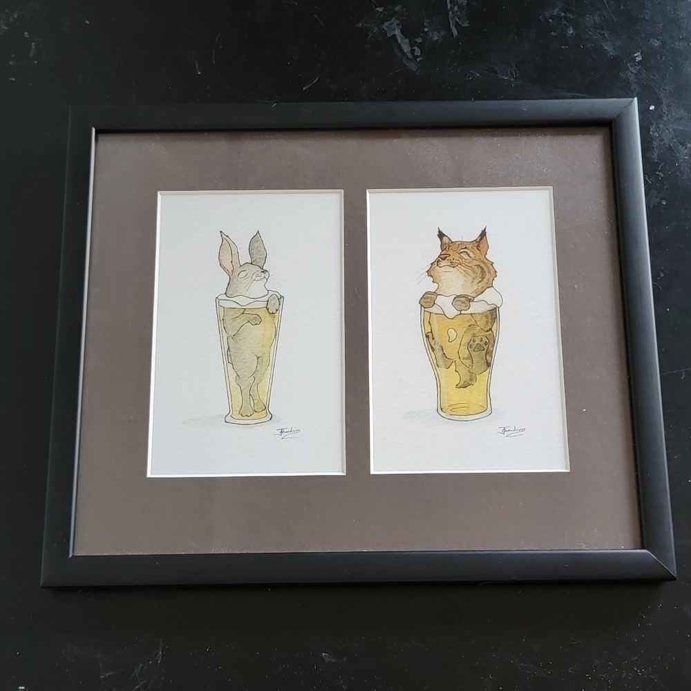 Beer Art Bar Painting Blissful Bobcat and Rabbit Pilsner Mancave T12